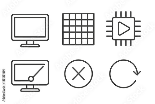 Synthetic Video Analyzer Icons. Line vector icons of synthetic video analyzer: screen frame, pixel mesh, signal chip, scan beam,