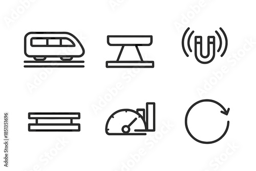 Magnetic Transport Icons. Line vector icons of magnetically elevated transport: floating coach, guide beam, magnetic pulses, rail
