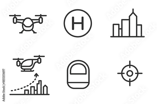 Urban eVTOL Icons. Line vector icons of vertical urban taxi flight: eVTOL silhouette, rooftop pad mark, city line, ascend path,