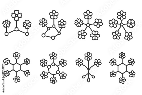 Floral Network Icons. Line style icons of blossoming network symbols: bloom web, connected stems, floral grid, petal hub, organic