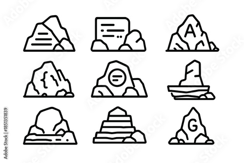 Rocky Linguistic Icons. Line style icons of rocky linguistic frameworks: text ridge, phrase formation, rough grammar, jagged rule,