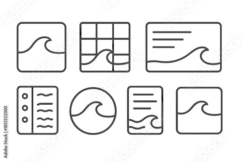 Tidal Icon Selections. Line style icons of tidal maxima as menus: high-tide tab, wave pulse grid, current surge menu, oceanic