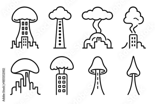 Fungal Skyscraper Icons. Line style icons of mushroom cloud skyscrapers: towering fungal dome, stem-based structure, cloud canopy