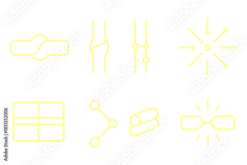 Glowing Fusion Icons. Line style icons of glowing fusion joints: bright contour, curved weld line, luminous grid, connected node,