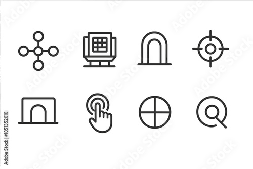 Central Menu Icons. Line style icons of central menu access: hub circle icon, layered grid node, primary menu gate, radial button