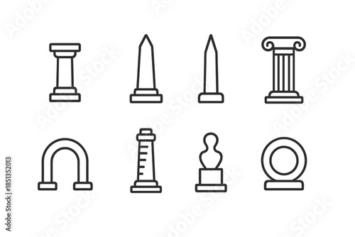 Dust Particle Monuments. Line style icons of dust particle monuments: nano pillar icon, grain-sized obelisk, microscopic spire,