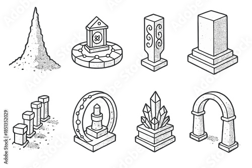 Micro Stoneworks Icons. Line style icons of micro-scale stoneworks: dust-built spire, atomic shrine plate, nano carving post, fine