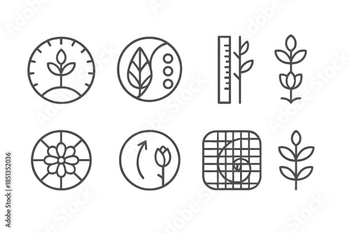 Botanical Tool Icons. Line style icons of botanical proportion tools: plant geometry dial, leaf-petal ratio ring, bloom alignment
