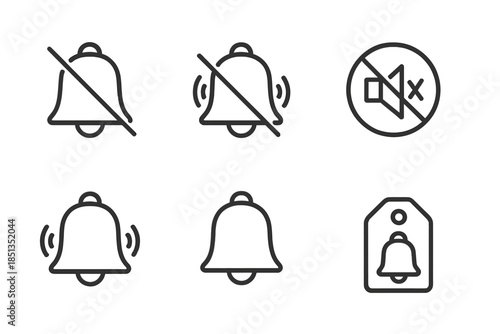 Muted Notification Icons. Line style icons of a muted notification bell: silent bell icon, crossed chime ring, sound-off symbol,