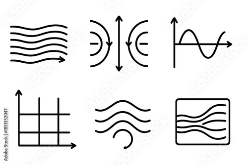 Flow Pattern Icons. Line style icons of flow pattern equations: stream curve model, current symmetry diagram, velocity formula