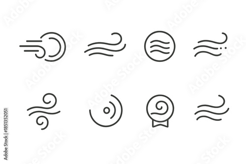 Wind-Whispered Icons. Line style icons of wind-whispered notifications: flowing air ring, whisper wave icon, soft motion circle,