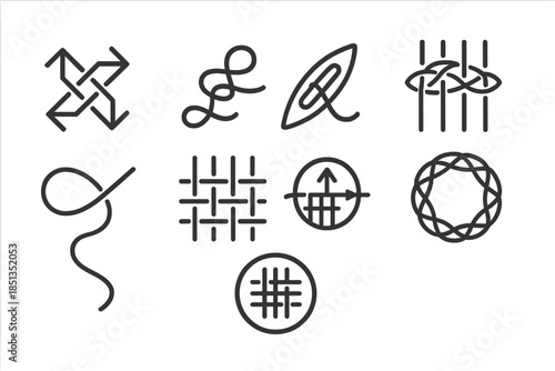 Woven Path Icons. Line style icons of woven path indicators: interlaced arrow grid, textile strand route, shuttle weave icon,