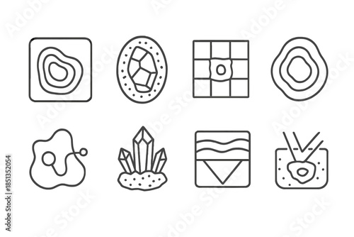 Hollow Geology Icons. Line style icons of hollow geology frameworks: void mapping chart, mineral section plate, stone cavity grid,