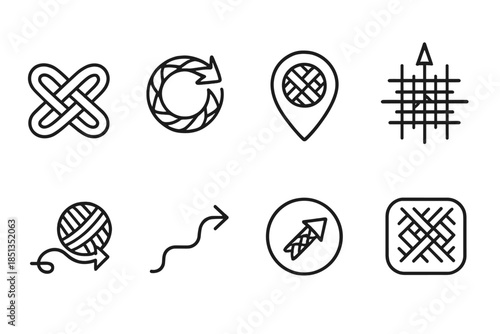 Woven Direction Icons. Line style icons of woven direction guides: interlaced route node, braided arrow ring, thread map badge,