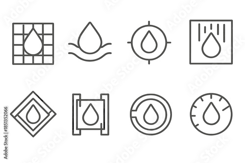 Elemental Fluid Icons. Line style icons of elemental fluid inscriptions: droplet etching grid, water glyph line, architectural