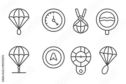 Parachute Seed Icon Set. Line style icons of parachute seed leveling: filament spread gauge, descent rate meter, canopy tension