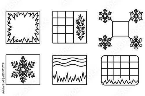 Frosty Iconic Patterns. Line style icons of frost formation canvases: ice texture frame, frozen surface grid, crystallized art