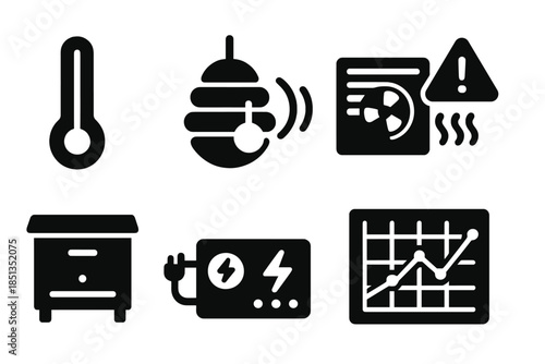 Apiary Temperature Control Icons. Solid style icons of apiary temperature control: digital thermometer, hive sensor, cooling vent,