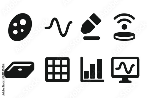 Spore Motion Icons. Solid style icons of spore motion analysis: spore cell, oscillation line, microscope lens, wave sensor,