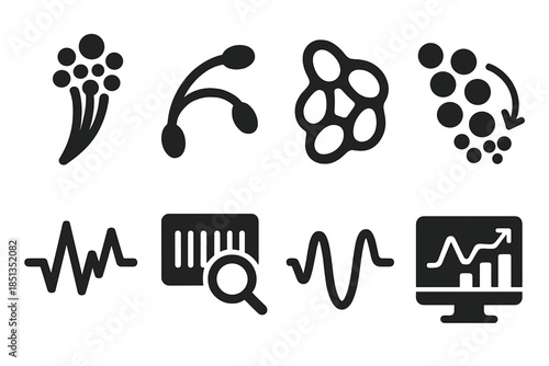 Coordinated Fungal Motion Icons. Solid style icons of coordinated fungal motion: filament threads, curved path lines, cell network
