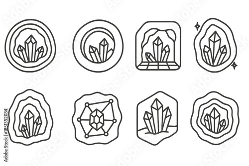 Crystal Cavity Icons. Line style icons of crystal cavity scenes: geode cross-section, mineral hollow ring, crystal chamber grid,
