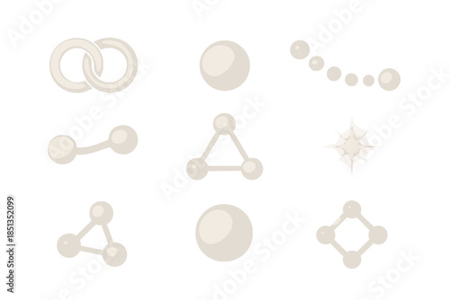 Pearly Network Icons. Solid style icons of pearly connection points: circular link, soft glow, pearl highlight, dotted line,