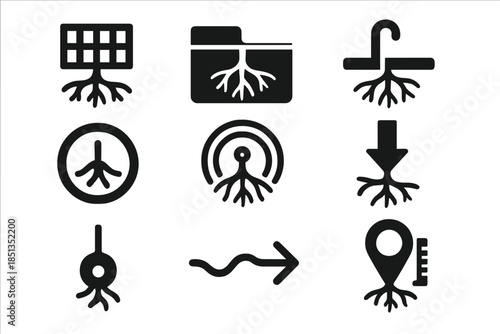 Root Stabilization Icons. Solid style icons of root stabilization systems: underground grid, soil layer, root anchor, pulse circle