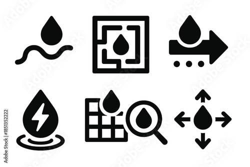 Hydro Solution Icons. Solid style icons of a hydro solution system: droplet path, maze icon, pulse dot, flow arrow, energy node,