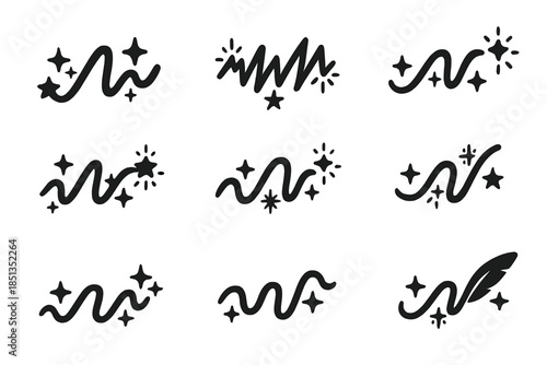 Celestial Ink Trail. Solid style icons of a starry, shaking ink line: luminous handwriting streak, trembling beam trace, radiant