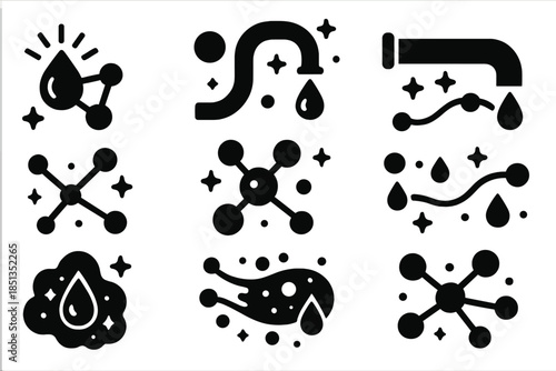 Stellar Syrup Network. Solid style icons of a stellar syrup network: radiant droplet chain, galactic flow conduit, cosmic pipeline