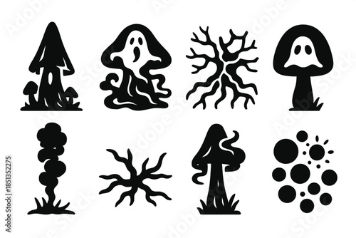 Haunted Mycelium Icons. Solid style icons of haunted mycelium formations: shadowed fungal spire, ghost mist dome, glowing vein