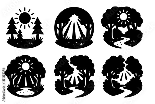 Sunlit Forest Entry. Solid style icons of a sunlit clearing as an entry point: radiant forest circle, glowing grass portal,