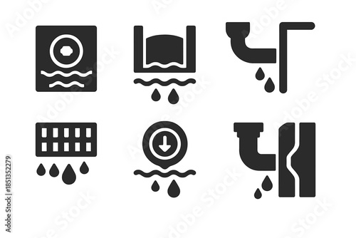 Architectural Liquid Control Icons. Solid style icons of architectural liquid control: wall drainage valve, fluid barrier gate,
