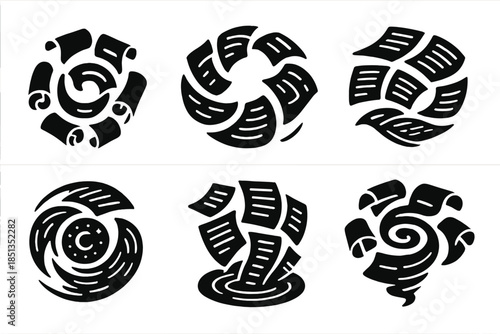 Living Document Vortex. Solid style icons of a swirling pool of living documents: rotating parchment circle, animated scroll whirl