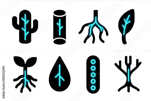 Radiant Cactus Xylem. Solid style icons of a xerophyte's neon xylem: radiant cactus artery, glowing vascular tube, neon root
