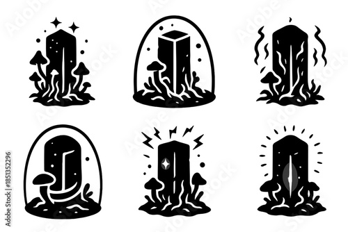 Glowing Mycelial Monolith. Solid style icons of a mycelial monolith with a force field: glowing fungal tower, energy-protected