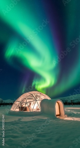 Breathtaking Aurora Borealis Dances Above Illuminated Igloo in Snowy Landscape.