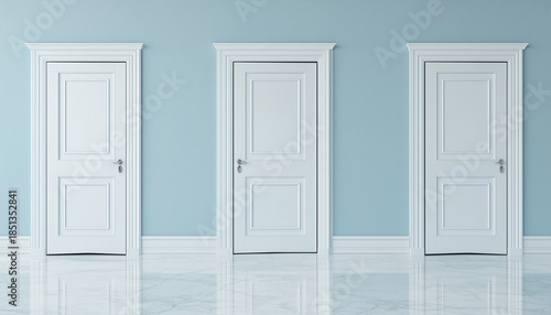 Four white doors against a blue wall, with one door slightly open revealing bright light.