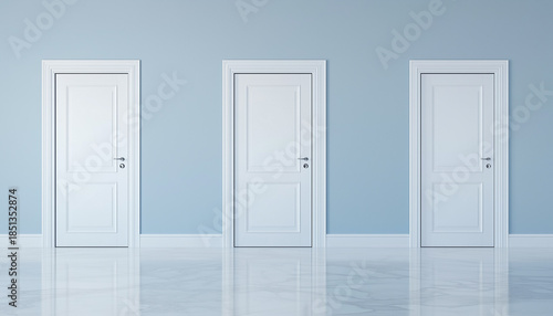 Four white doors against a blue wall, with one door slightly open revealing bright light.