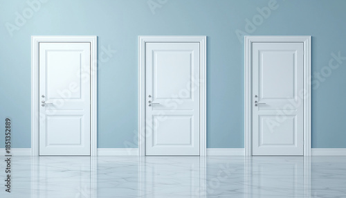 Four white doors against a blue wall, with one door slightly open revealing bright light.