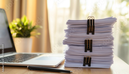 Large stack of documents with binder clips on office desk.