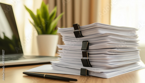 Large stack of documents with binder clips on office desk.
