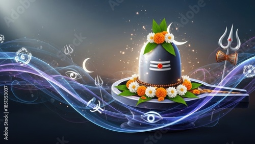 Vibrant Indian Maha Shivratri worship, sacred Lingam adorned with celestial flowers, spiritual devotion emanating divine cosmic energy, bringing profound peace and ultimate blessing.
