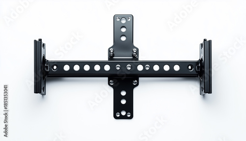 Black metal TV wall mount bracket on a white background.