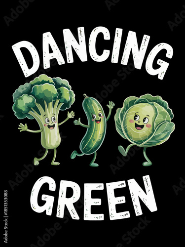 Three animated vegetables, broccoli, cucumber, and cabbage, are joyfully dancing against a black background. The text 'Dancing Green