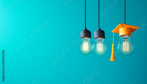 Illuminated light bulb with graduation cap among unlit bulbs on blue background.