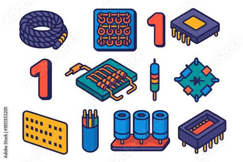 Analog Memory Icons. Isometric vector illustration set Analog Memory: woven core rope, magnetic core lattice, old silicon chip,