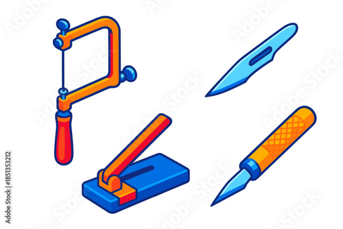 Precision Cutting Tools. Isometric vector illustration set Precision Cutting Instruments: Jeweler’s saw, scalpel blade, veneer