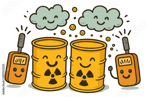 Cheerful Radioactive Waste Scene. Friendly doodle radioactive waste monitoring with happy barrels, cartoon Geiger counters beeping