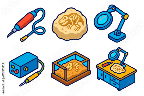 Fossil Lab Essentials. Isometric vector illustration set Fossil Preparation: air scribe tool, plaster jacket, magnifying lamp,
